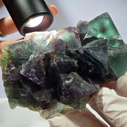 Grand spécimen de cube de fluorite fantôme, vert violet, Okorusu, Namibie, 88 x 60 x 40 mm 