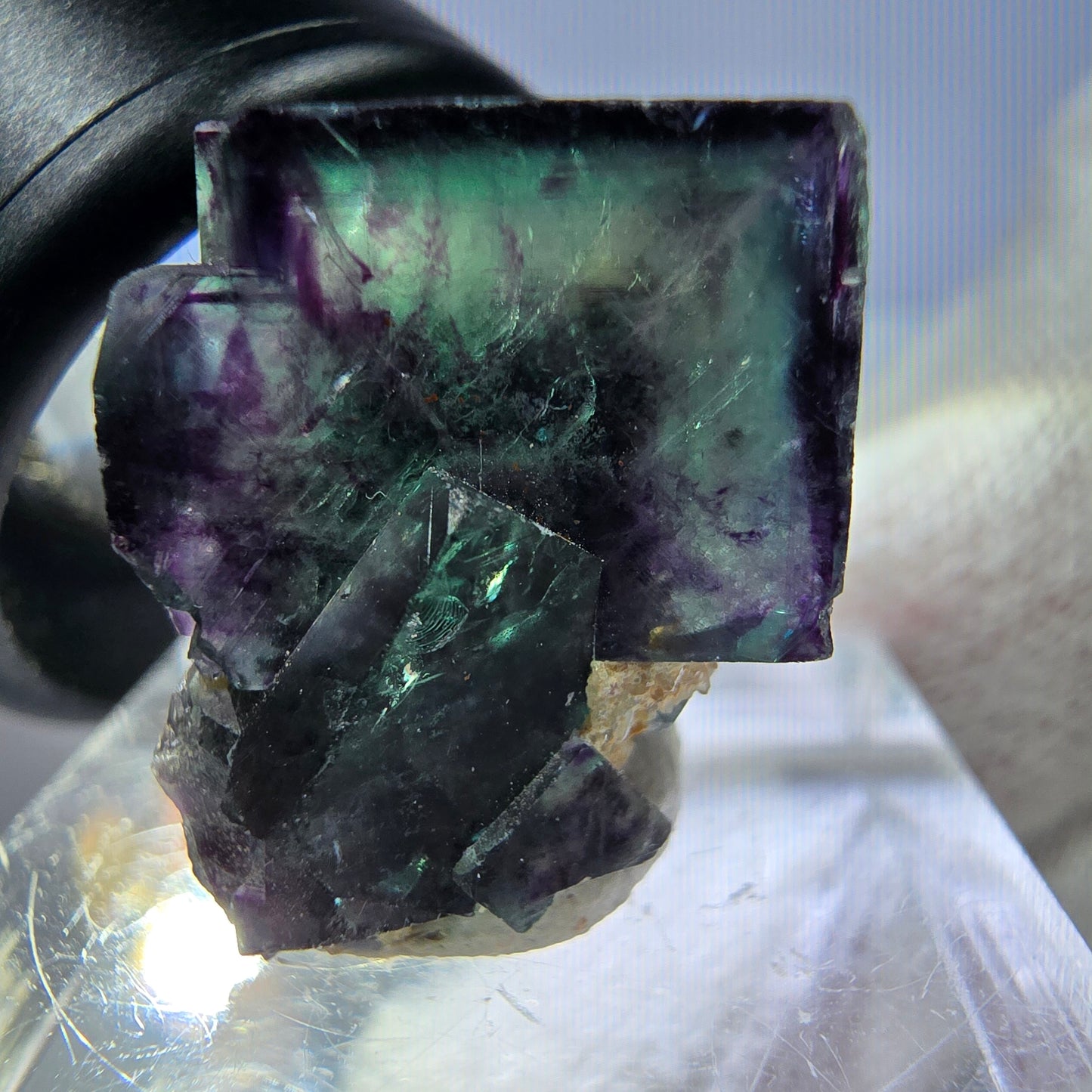 Spécimen rare de cube de fluorite fantôme, vert zonal et violet, Okorusu, Namibie, 24 x 16 x 17 mm 