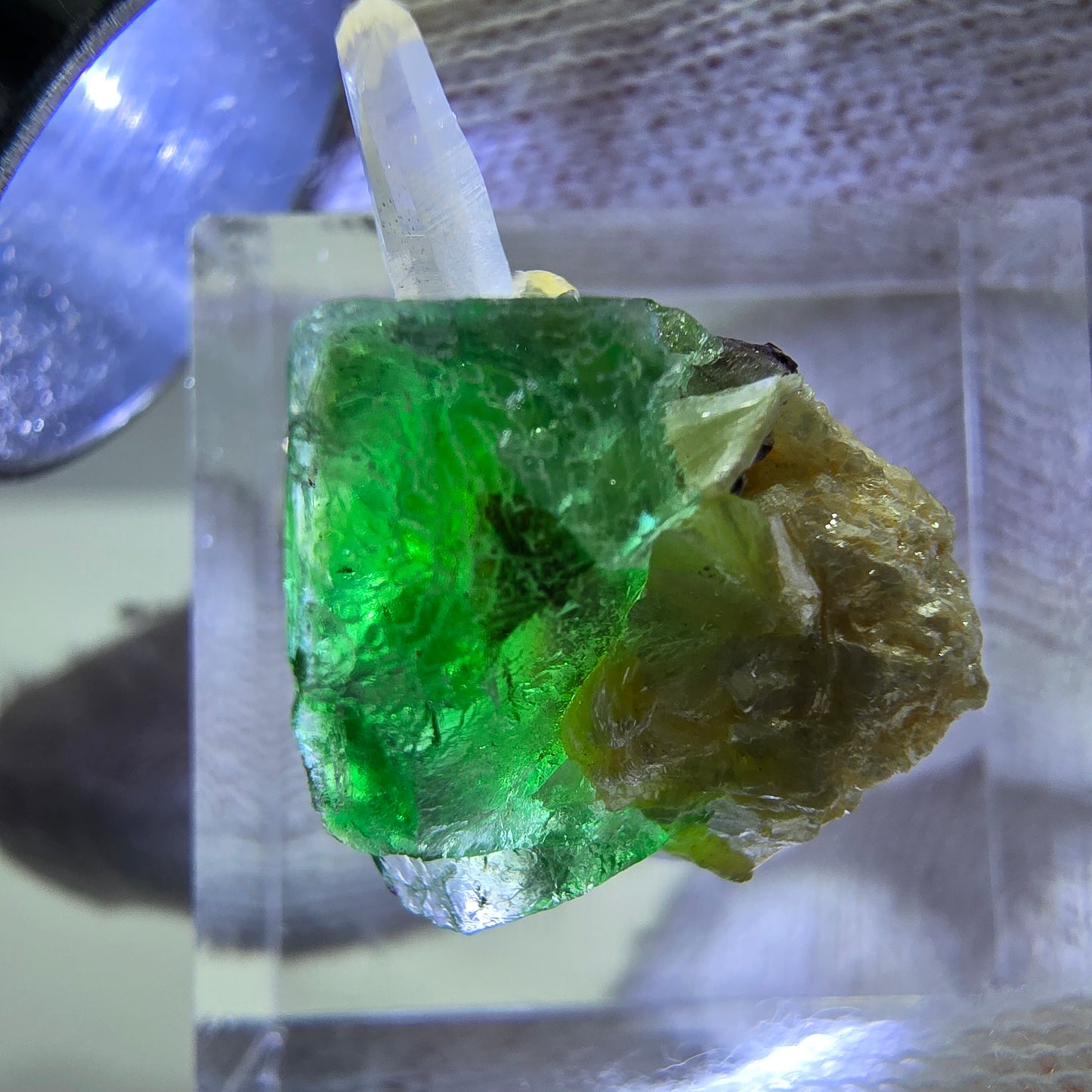 Cube de fluorite fantôme, quartz fumé, hyalite et muscovite, spécimen d'Erongo, Namibie, 20 x 15 x 13 mm 
