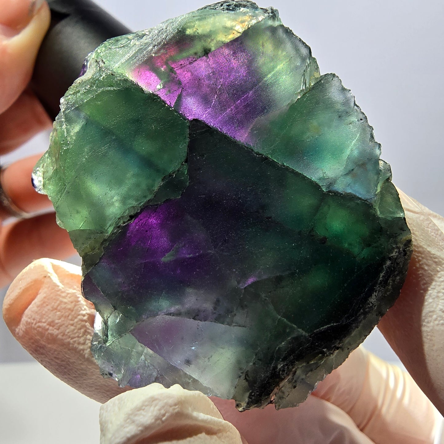 Spécimen de cube de fluorite fantôme vert violet zonal 11:11 Angel Pocket, Namibie 52*46*25mm 