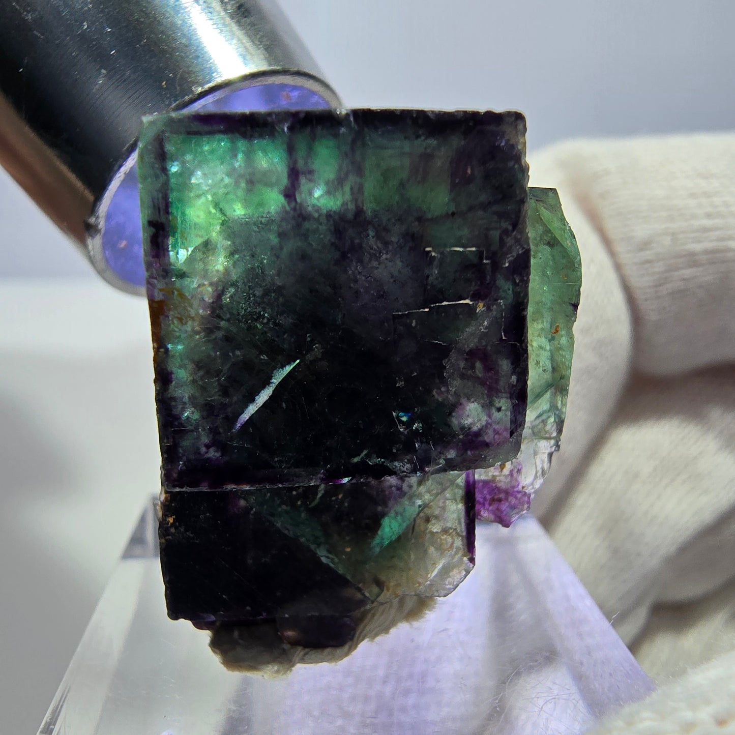 Spécimen zonal de cube de fluorite fantôme, vert violet, Okorusu, Namibie, 30 x 26 x 17 mm 