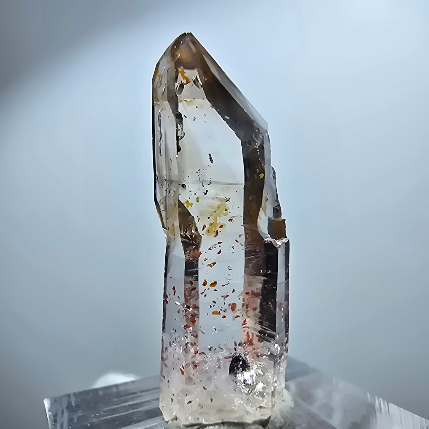 Pointe de sceptre en quartz fumé fantôme transparent, hématite, Goboboseb, Namibie, 32 x 9 x 9 mm 
