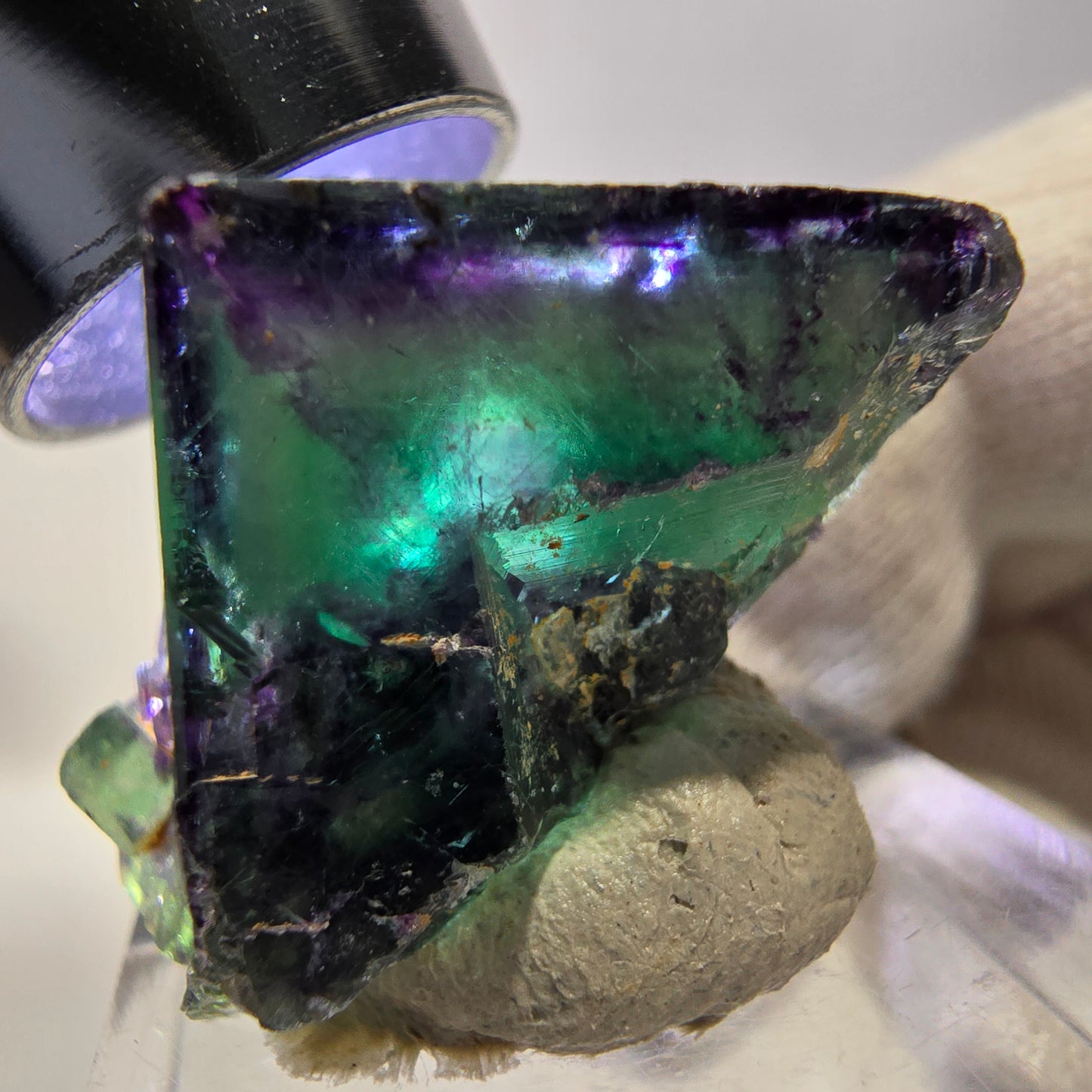 Spécimen rare de cube de fluorite fantôme, vert zonal et violet, Okorusu, Namibie, 29 x 21 x 18 mm 