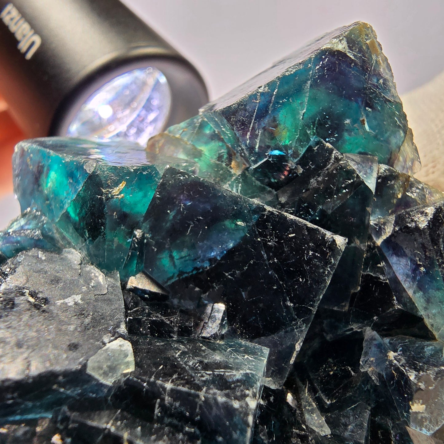 Rare spécimen de cube de fluorite fantôme, zonal – Nouvelle découverte ! Okorusu, Namibie, 67 x 62 x 27 mm 