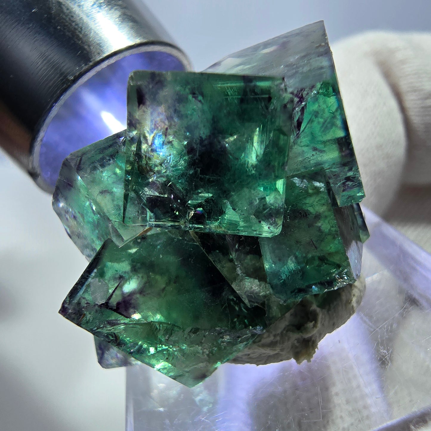 Spécimen zonal de cube de fluorite fantôme, vert violet, Okorusu, Namibie, 32 x 23 x 17 mm 