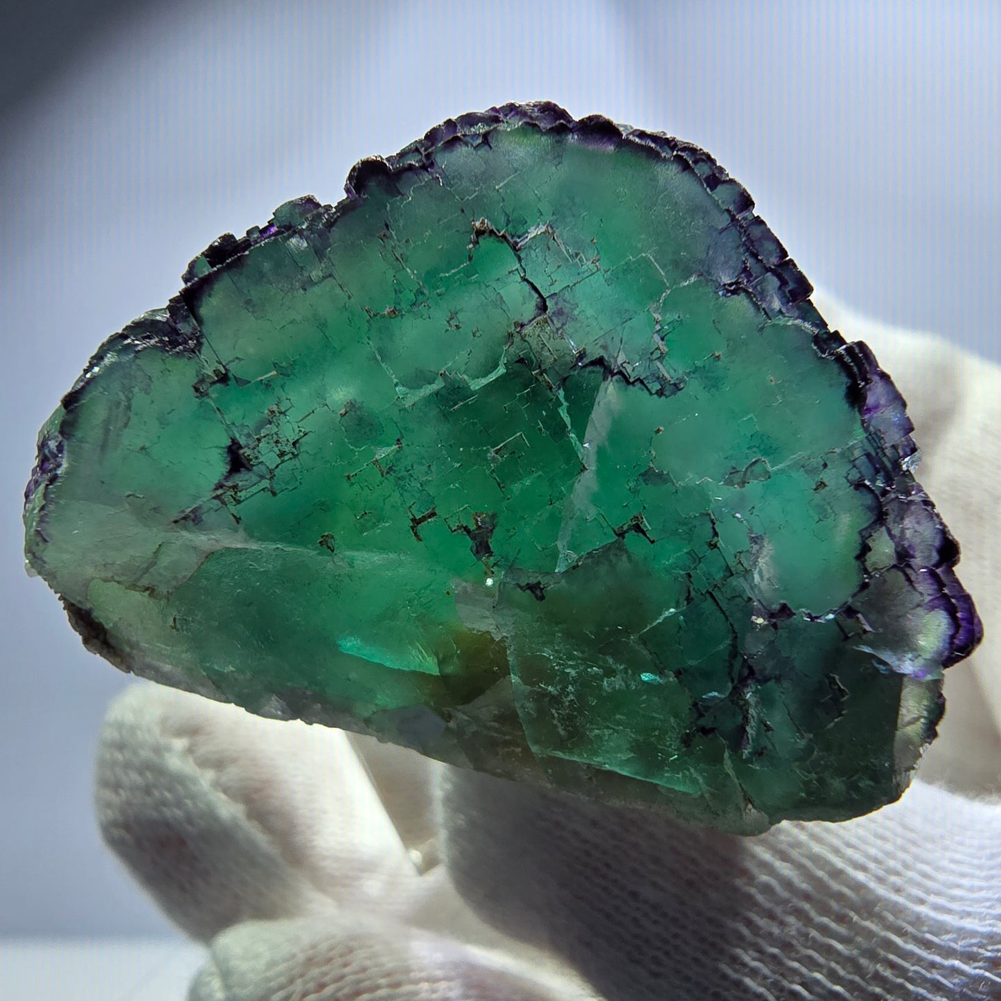 Cube de fluorite fantôme, parquet zonal vert violet Okorusu, Namibie 38*36*23mm 