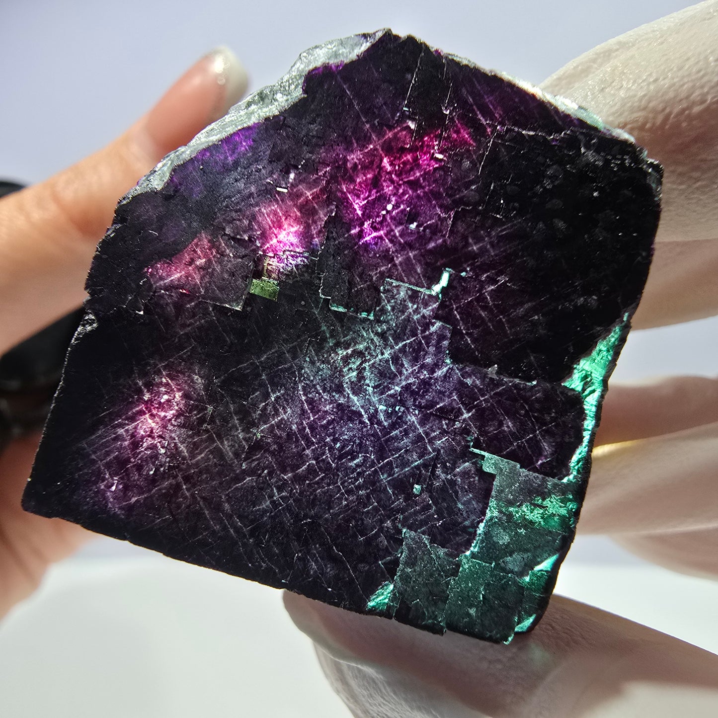 Spécimen de cube de fluorite fantôme vert violet zonal 11:11 Angel Pocket, Namibie 33*32*31mm 
