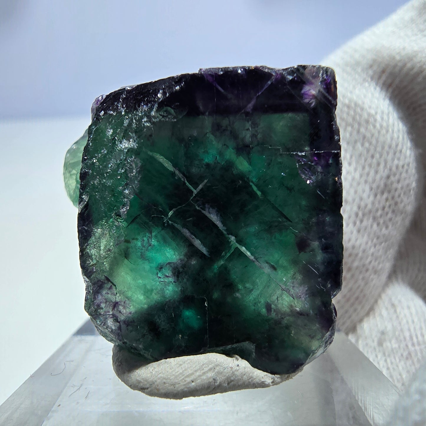 Spécimen rare de cube de fluorite fantôme, vert zonal et violet, Okorusu, Namibie, 31 x 39 x 20 mm 