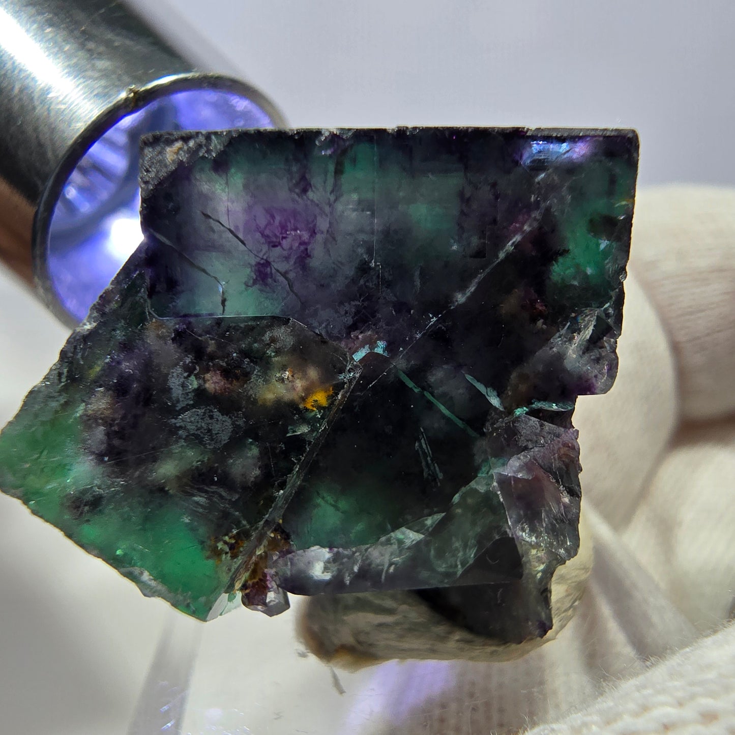 Spécimen zonal de cube de fluorite fantôme, vert violet, Okorusu, Namibie, 37 x 27 x 24 mm 
