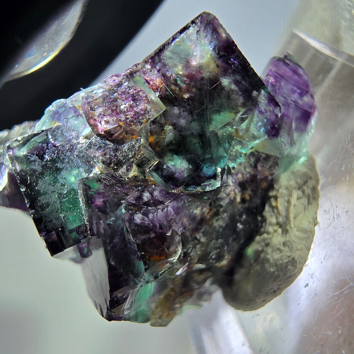 Seltene Phantom Fluorit Würfel Stufe zonal grün lila Okorusu, Namibia 29*21*15mm