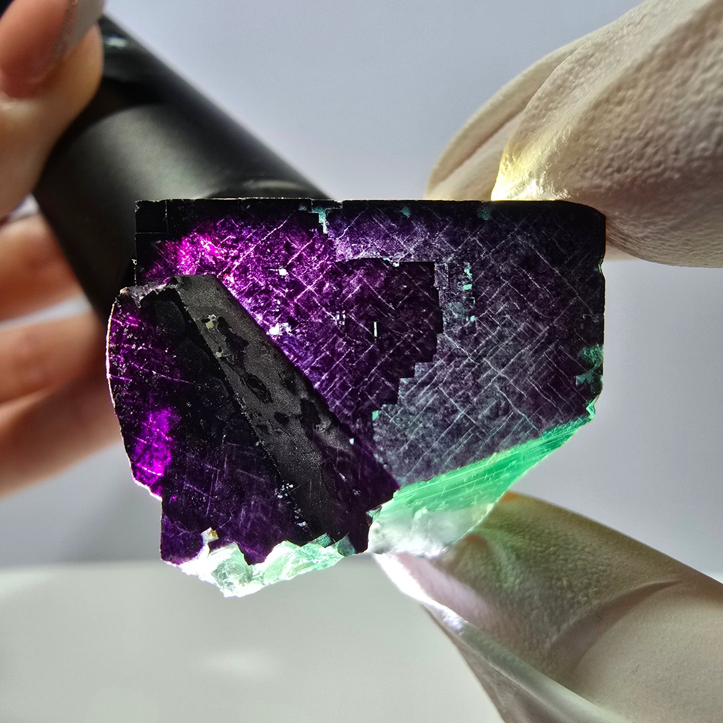 Spécimen de cube de fluorite fantôme vert violet zonal 11:11 Angel Pocket, Namibie 43*31*28mm 