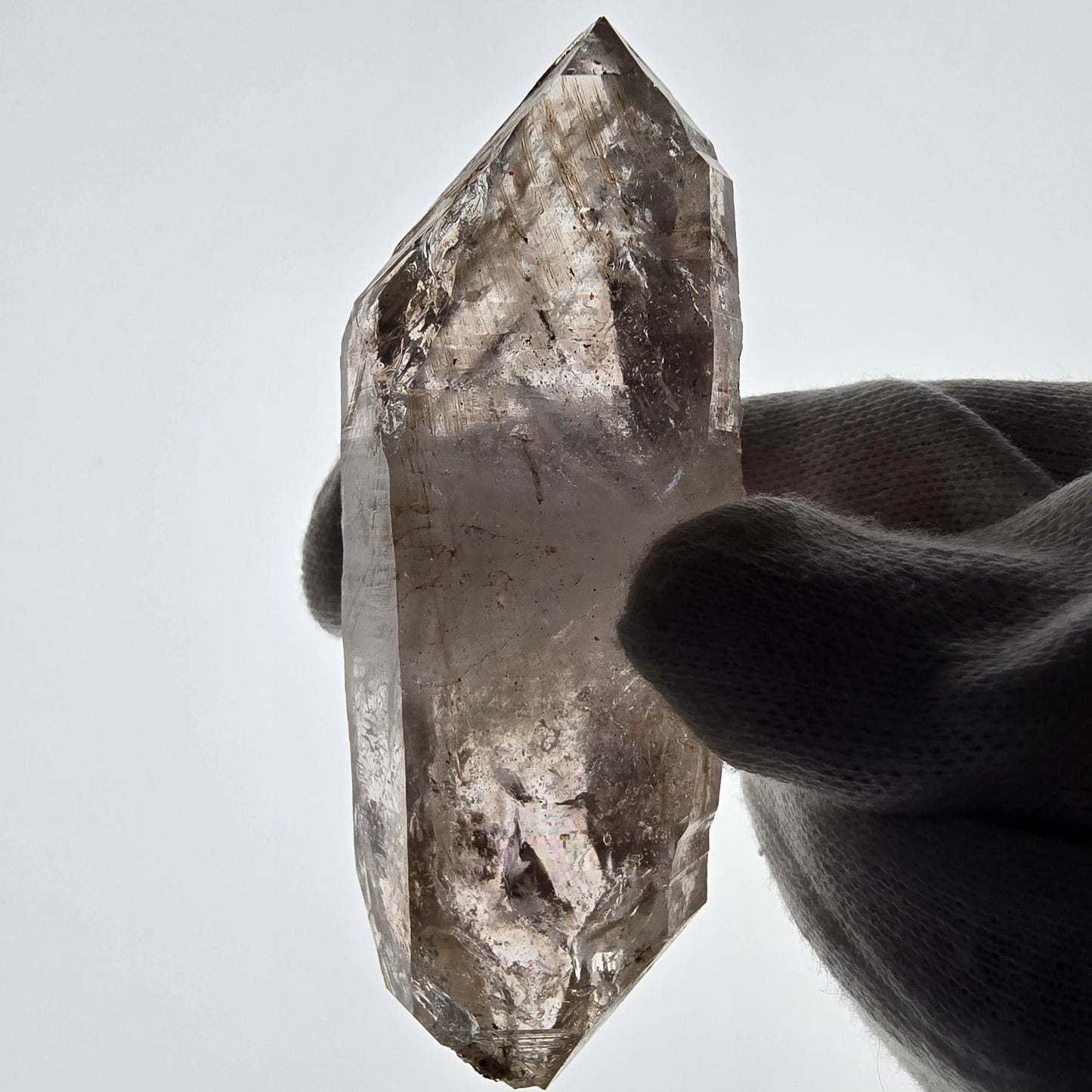 Quartz fumé squelette Enhydro DT, calcite UV, 1 poche Bubble Valentine, Namibie 87 x 34 x 24 mm 