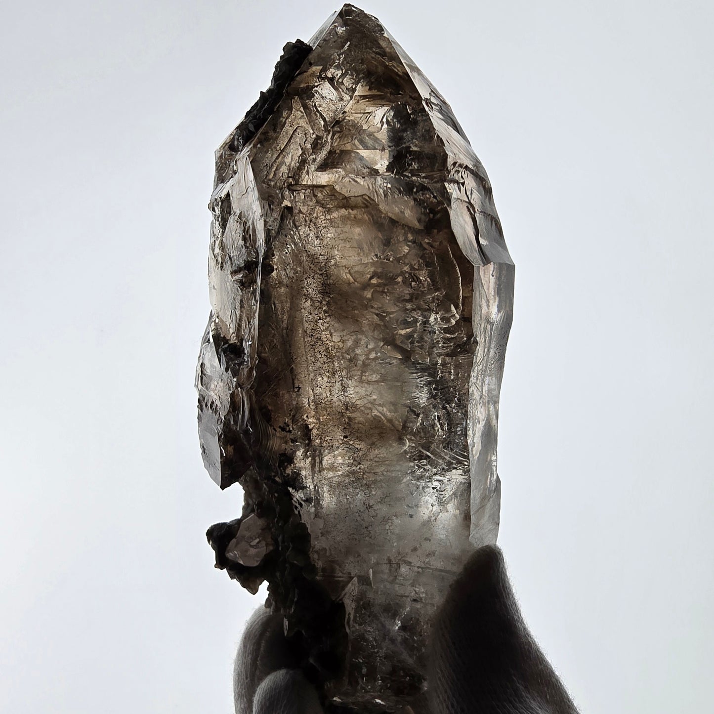 Sceptre en quartz fumé squelette Enhydro, calcite UV, 3 bulles, poche Saint-Valentin, Namibie, 149 x 71 x 52 mm 