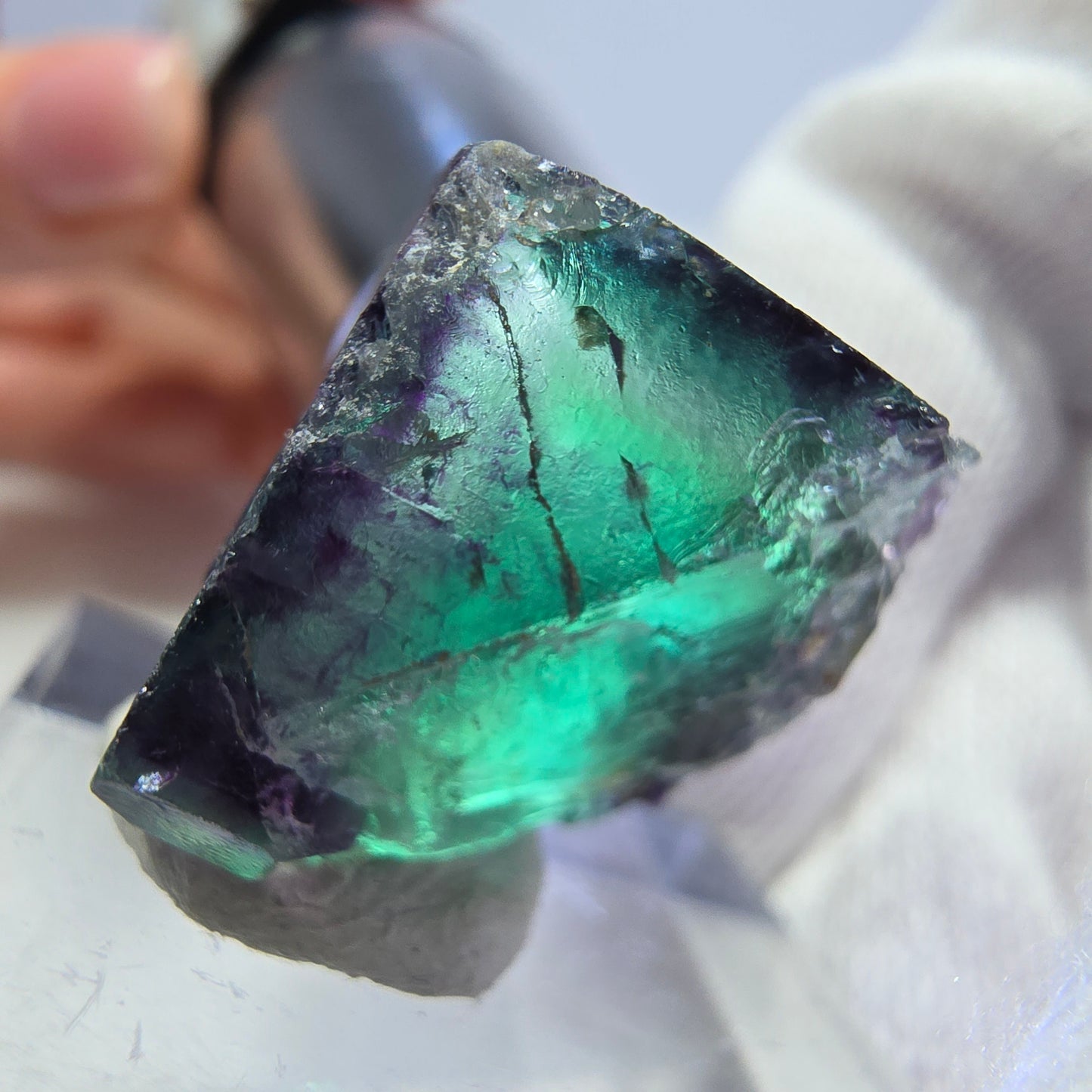 Rare spécimen de cube de fluorite fantôme, vert-violet zonal, Okorusu, Namibie, 25 x 23 x 16 mm 