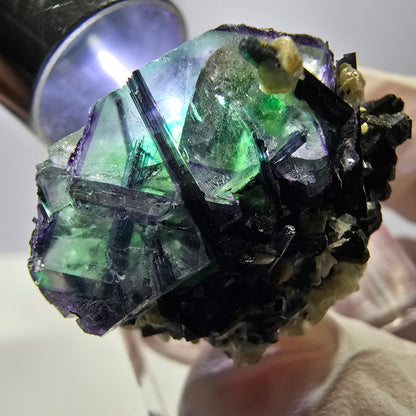 Cube de fluorite fantôme, zonal, muscovite, spécimen de tourmaline Schorl, Erongo, Namibie, 29 x 25 x 19 mm 