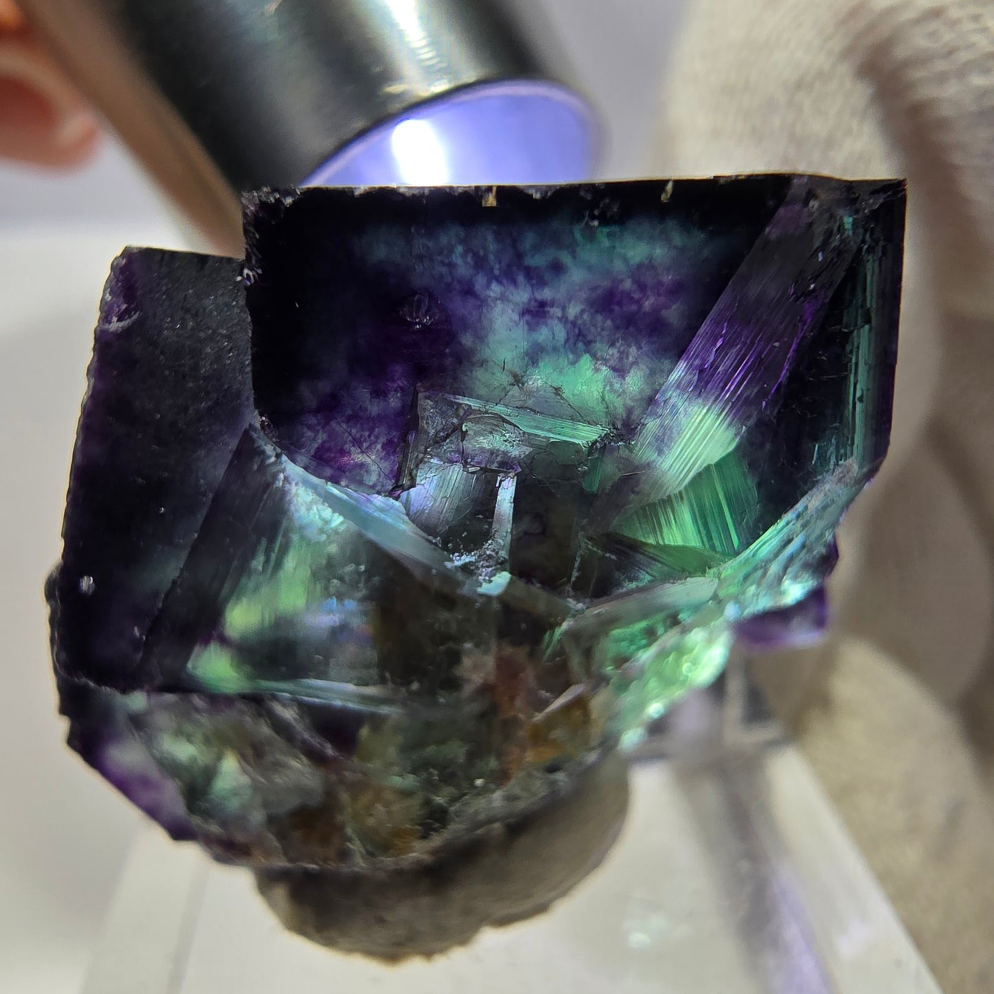 Rare spécimen de cube de fluorite fantôme, vert-violet zonal, Okorusu, Namibie, 34 x 31 x 22 mm 