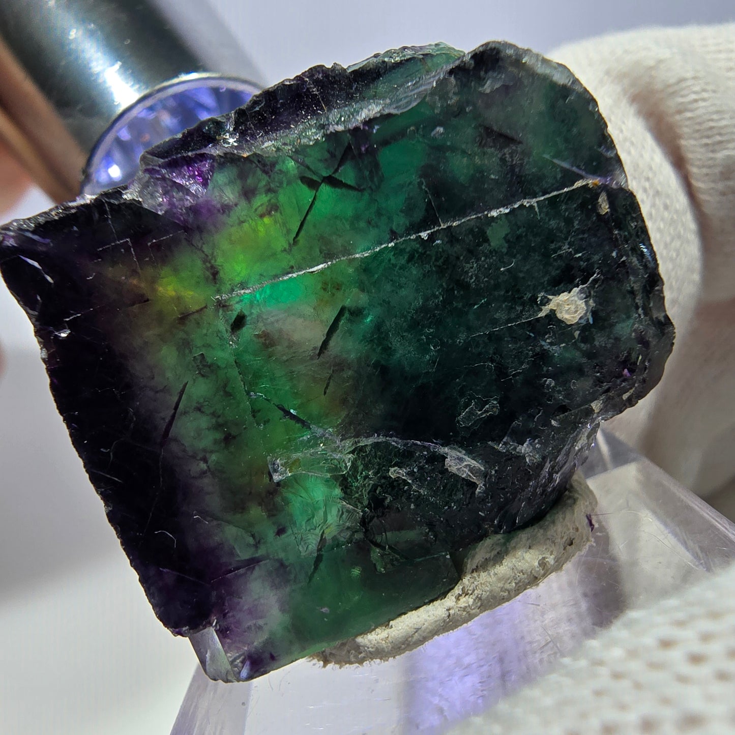 Spécimen zonal de cube de fluorite fantôme, vert violet, Okorusu, Namibie, 31 x 27 x 20 mm 
