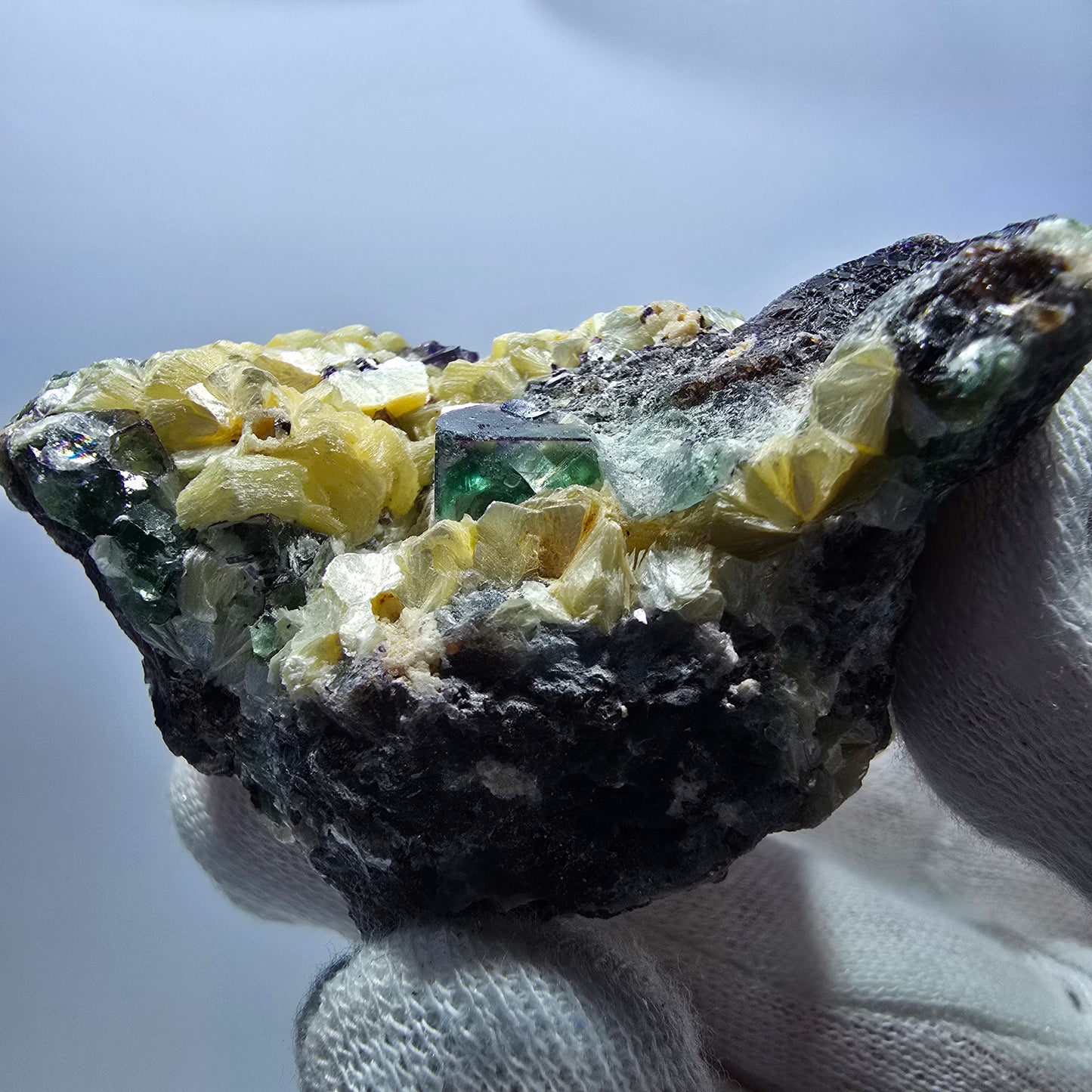 Phantom Fluorit zonal Hyalit Rauchquarz Muskovit Stufe Erongo Namibia 71*65*46mm