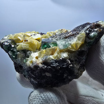 Phantom Fluorit zonal Hyalit Rauchquarz Muskovit Stufe Erongo Namibia 71*65*46mm