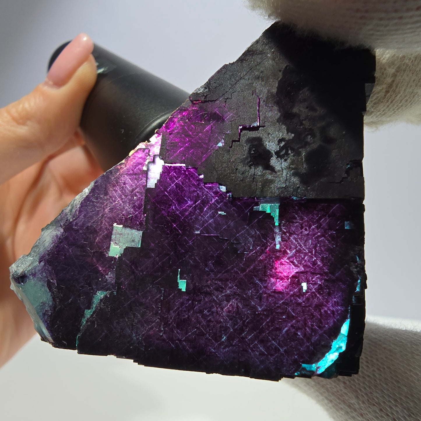 Grand spécimen de cube de fluorite fantôme vert violet zonal 11:11 Angel Pocket, Namibie 73*71*33mm 