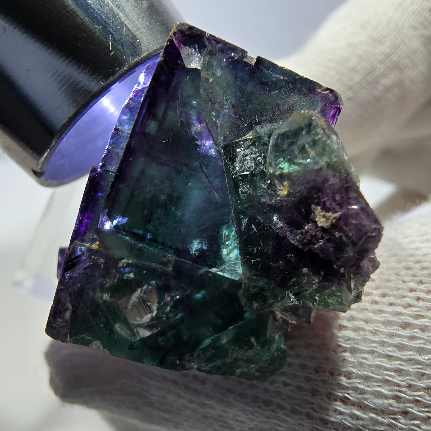 Spécimen zonal de cube de fluorite fantôme, vert violet, Okorusu, Namibie, 34 x 24 x 20 mm 