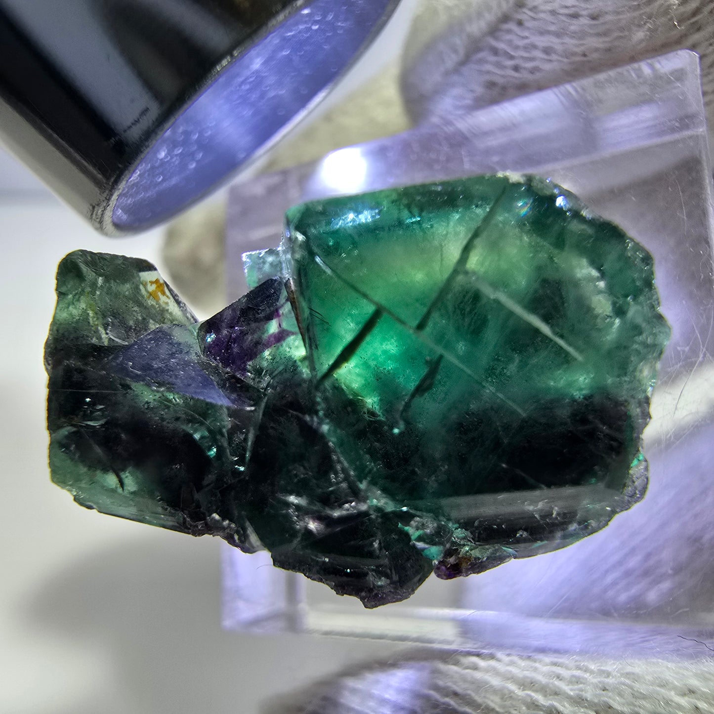 Spécimen rare de cube de fluorite fantôme, vert zonal et violet, Okorusu, Namibie, 24 x 16 x 15 mm 