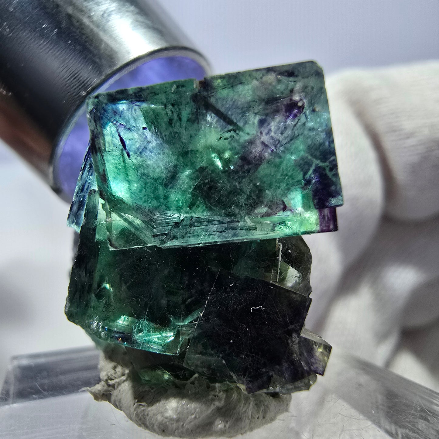Spécimen zonal de cube de fluorite fantôme, vert violet, Okorusu, Namibie, 32 x 23 x 17 mm 