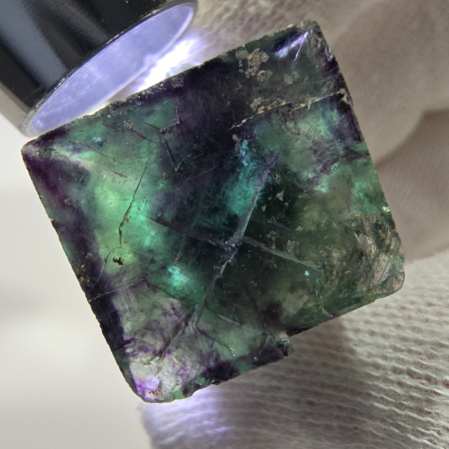Spécimen rare de cube de fluorite fantôme, vert zonal et violet, Okorusu, Namibie, 29 x 21 x 18 mm 