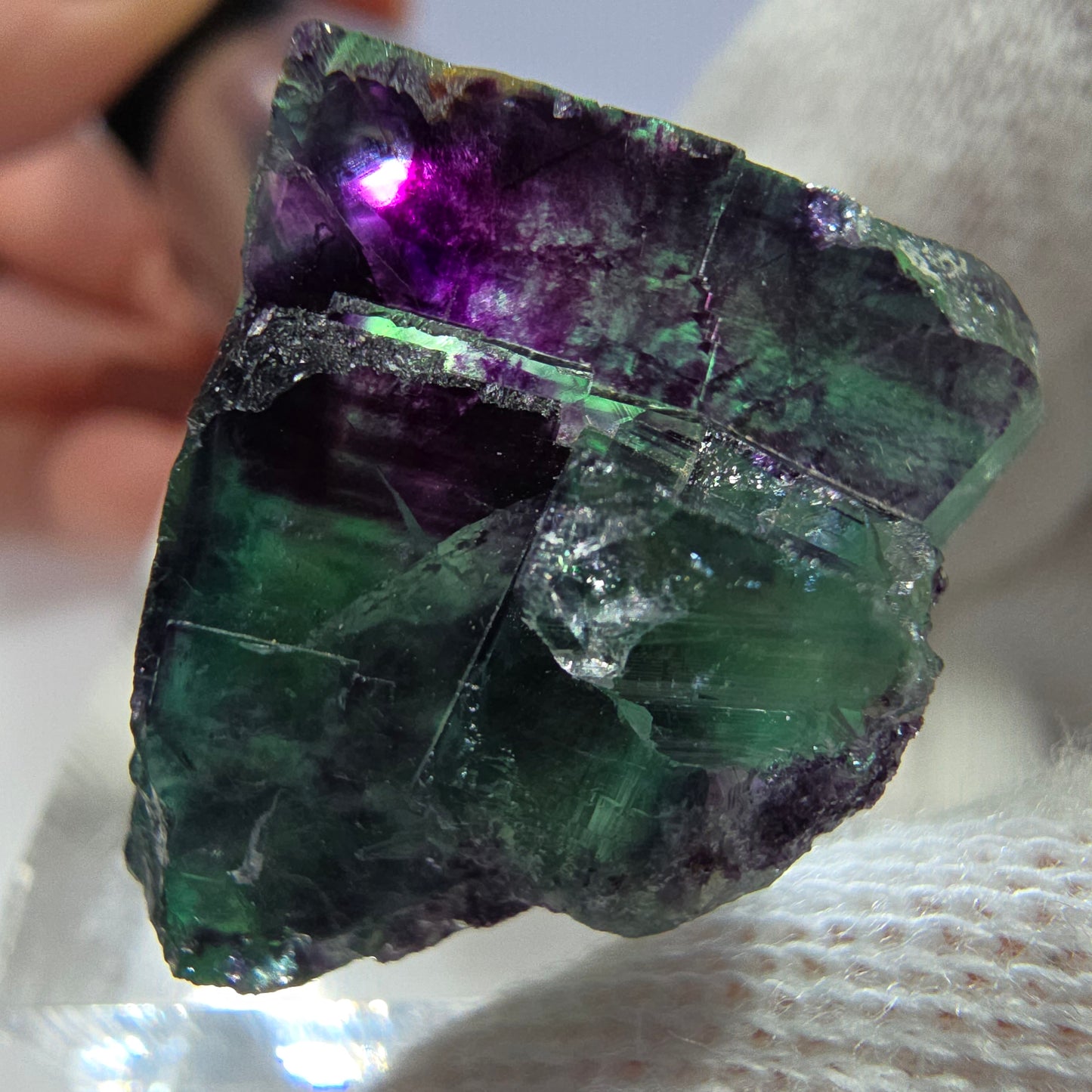Rare spécimen de cube de fluorite fantôme, vert-violet zonal, Okorusu, Namibie, 29 x 25 x 19 mm 