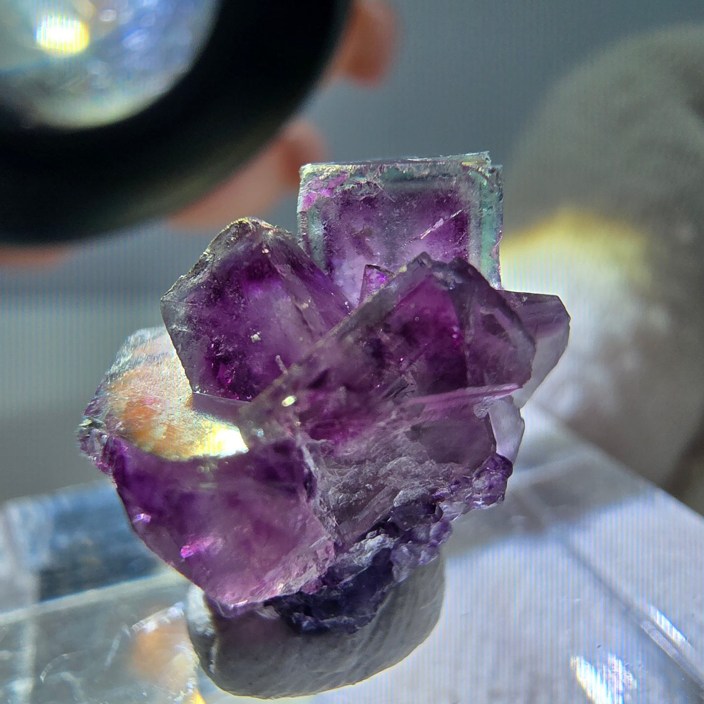 Spécimen de cube de fluorite fantôme, violet-vert, Okorusu, Namibie, 17 x 11 x 12 mm 