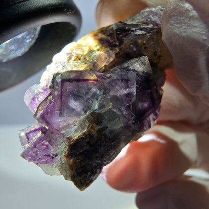 Rare cube de fluorite fantôme, spécimen de quartz vert violet Okorusu Namibie 34 x 21 x 13 mm 