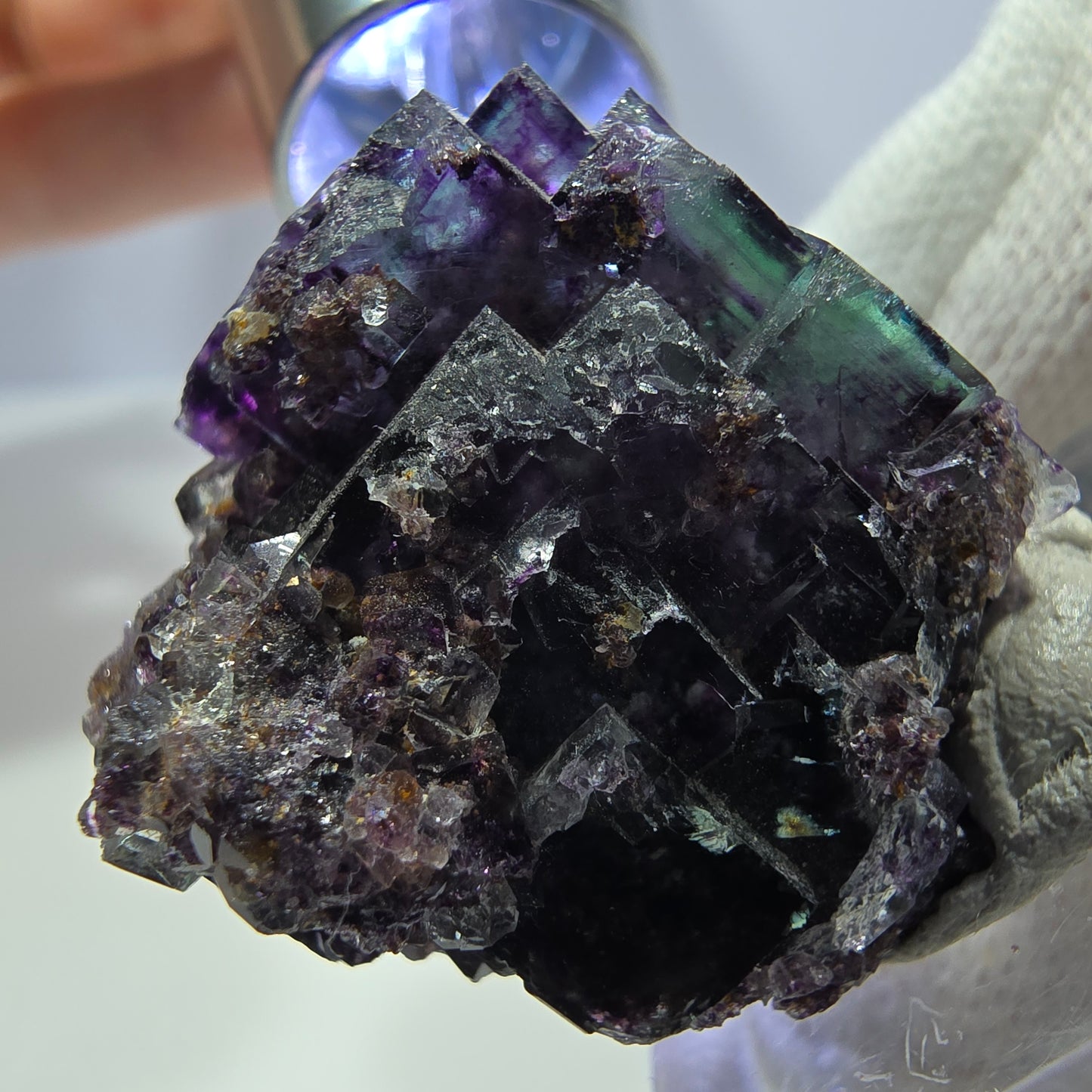 Klare Phantom Fluorit Würfel Stufe zonal grün lila Okorusu, Namibia 35*30*22mm