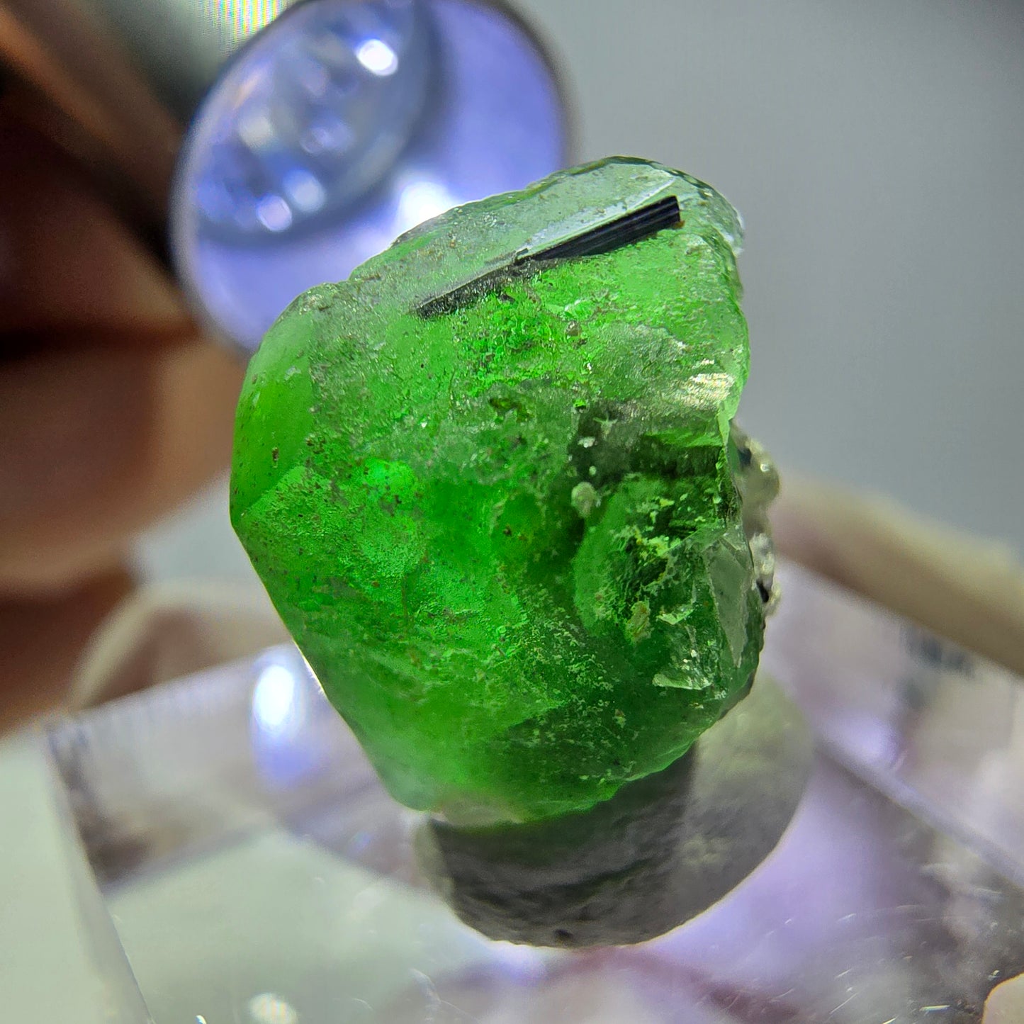 Cube hexagonal de fluorite fantôme, muscovite, tourmaline Schörl, Erongo, Namibie, 14 x 14 x 14 mm 
