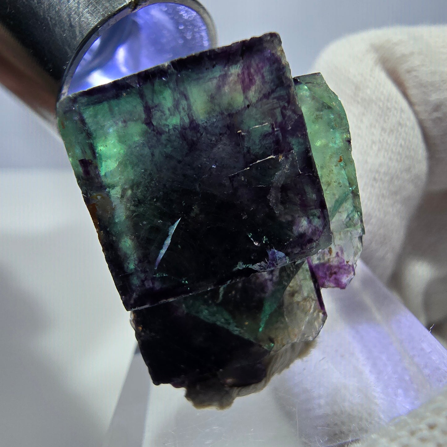 Spécimen zonal de cube de fluorite fantôme, vert violet, Okorusu, Namibie, 30 x 26 x 17 mm 