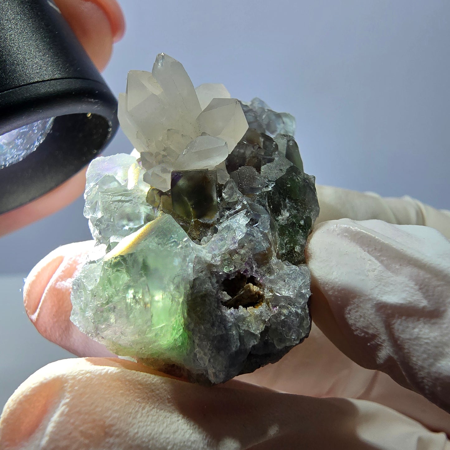 Rare cube de fluorite fantôme, spécimen de quartz vert violet Okorusu Namibie 38 x 27 x 24 mm 