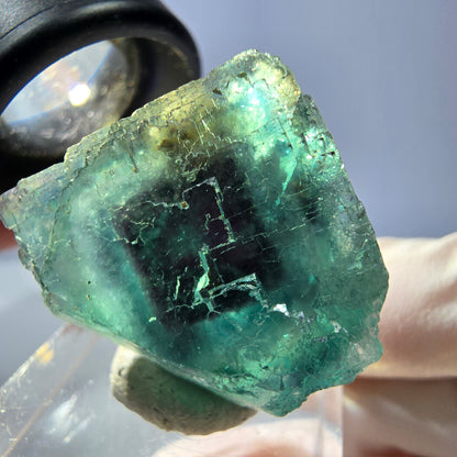 Cristal de fluorite fantôme transparent, cube vert-violet, Okorusu, Namibie, 24 x 24 x 20 mm 