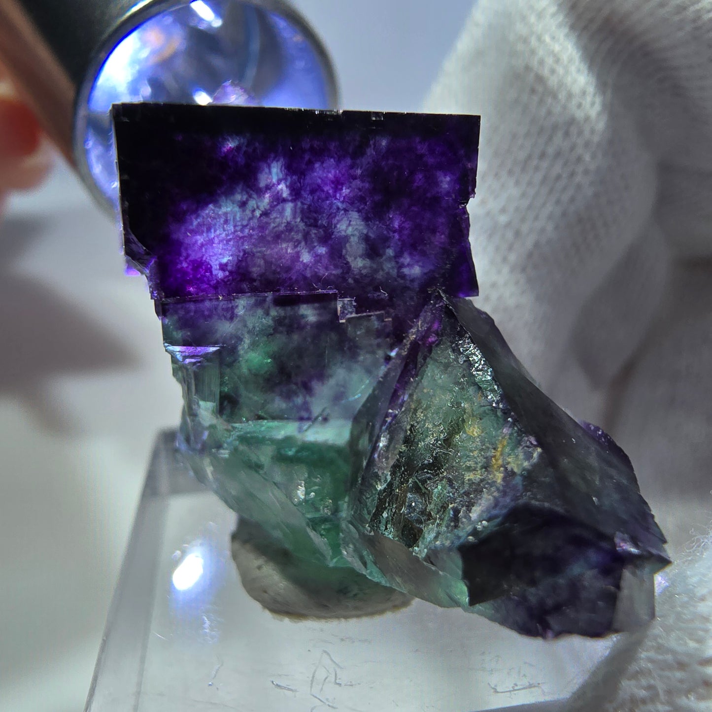 Spécimen rare de cube de fluorite fantôme, vert-violet zonal, Okorusu, Namibie, 37 x 23 x 15 mm 