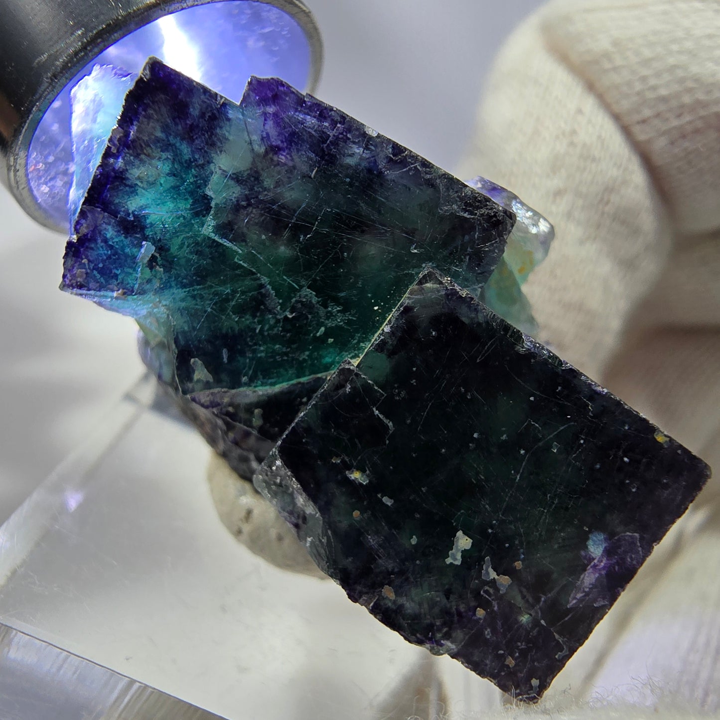 Rare spécimen de cube de fluorite fantôme, vert-violet zonal, Okorusu, Namibie, 39 x 24 x 16 mm 