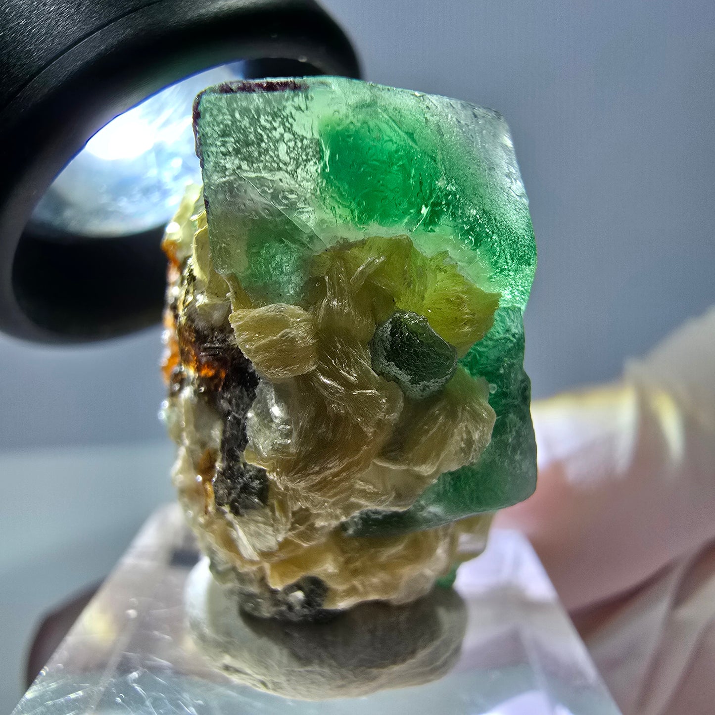 Cube de fluorite fantôme, zonal, spécimen de muscovite, Erongo, Namibie, 29 x 22 x 20 mm 