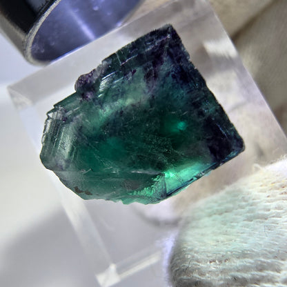 Spécimen de cube de fluorite fantôme transparente, vert-violet zonal, Okorusu, Namibie, 20 x 15 x 11 mm 