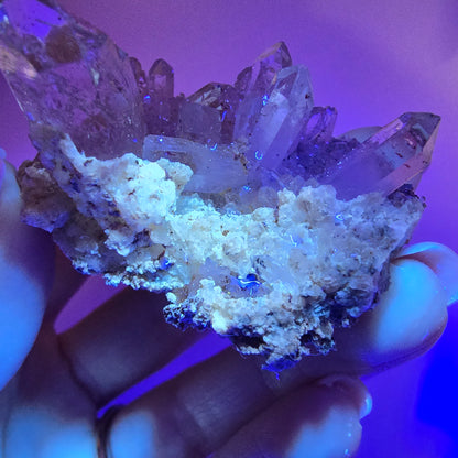 Enhydro Harlequin Quartz fumé, calcite UV Stage Valentine Pocket Goboboseb Namibie 55*36*35mm 
