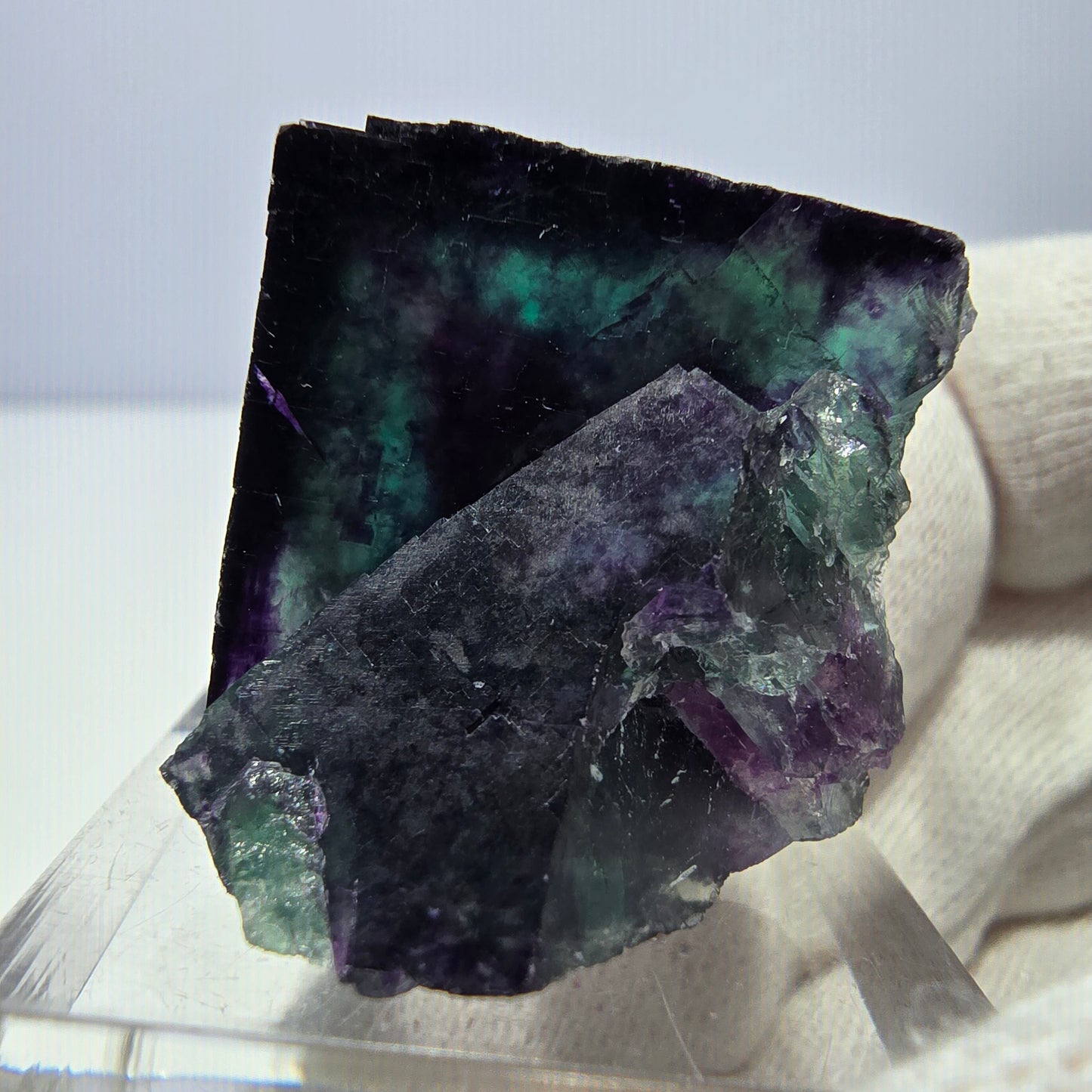 Spécimen zonal de cube de fluorite fantôme, vert violet, Okorusu, Namibie, 35 x 23 x 27 mm 