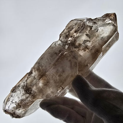 Sceptre fantôme squelette XL en quartz fumé DT, poche Saint-Valentin en calcite UV, Namibie 191 x 60 x 51 mm 