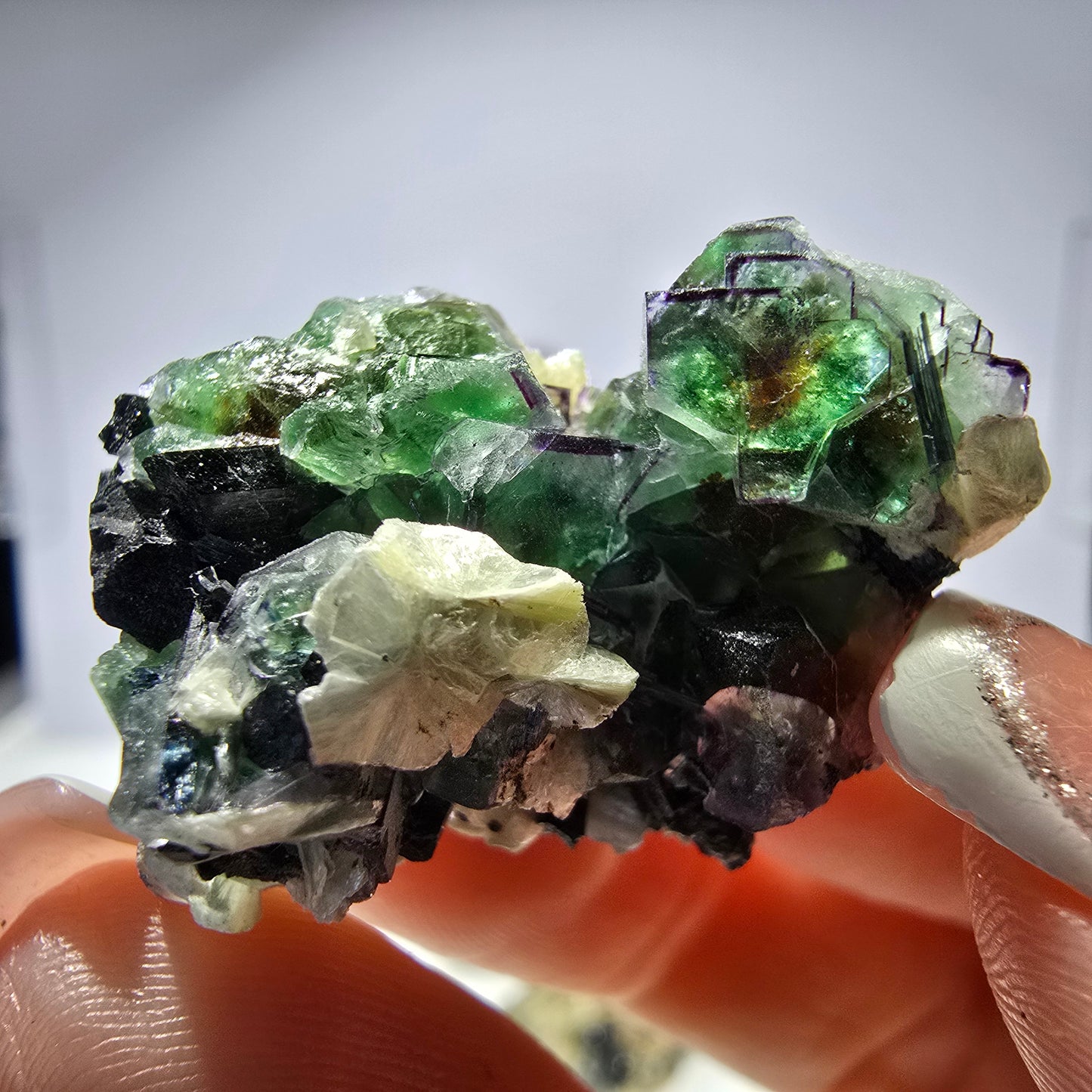 Lot de 16 fluorites fantômes, hyalites, tourmalines Schörl, muscovites, Erongo, Namibie
