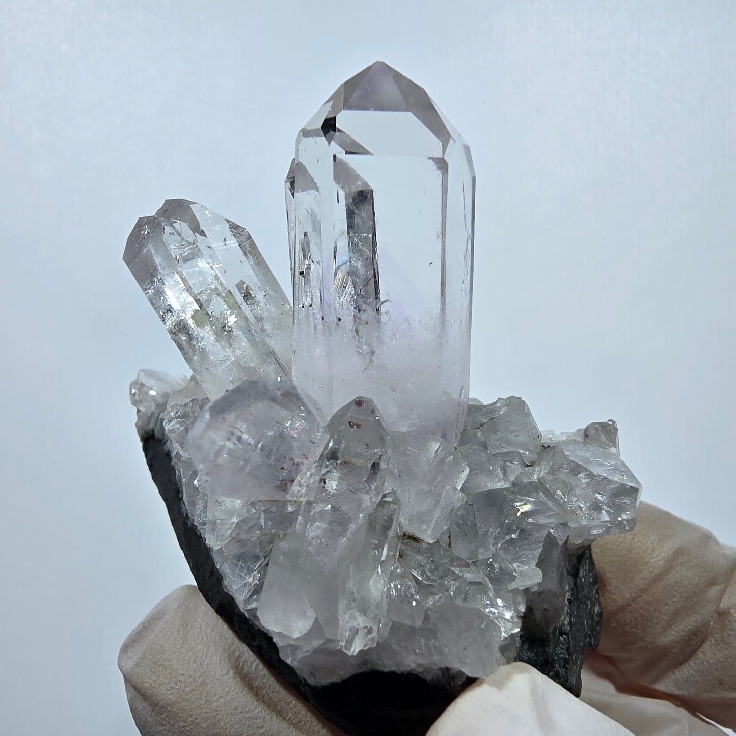 Spécimen d'améthyste fantôme, hématite, calcite, préhnite, mine de Streep, Namibie, 50 x 45 x 25 mm 