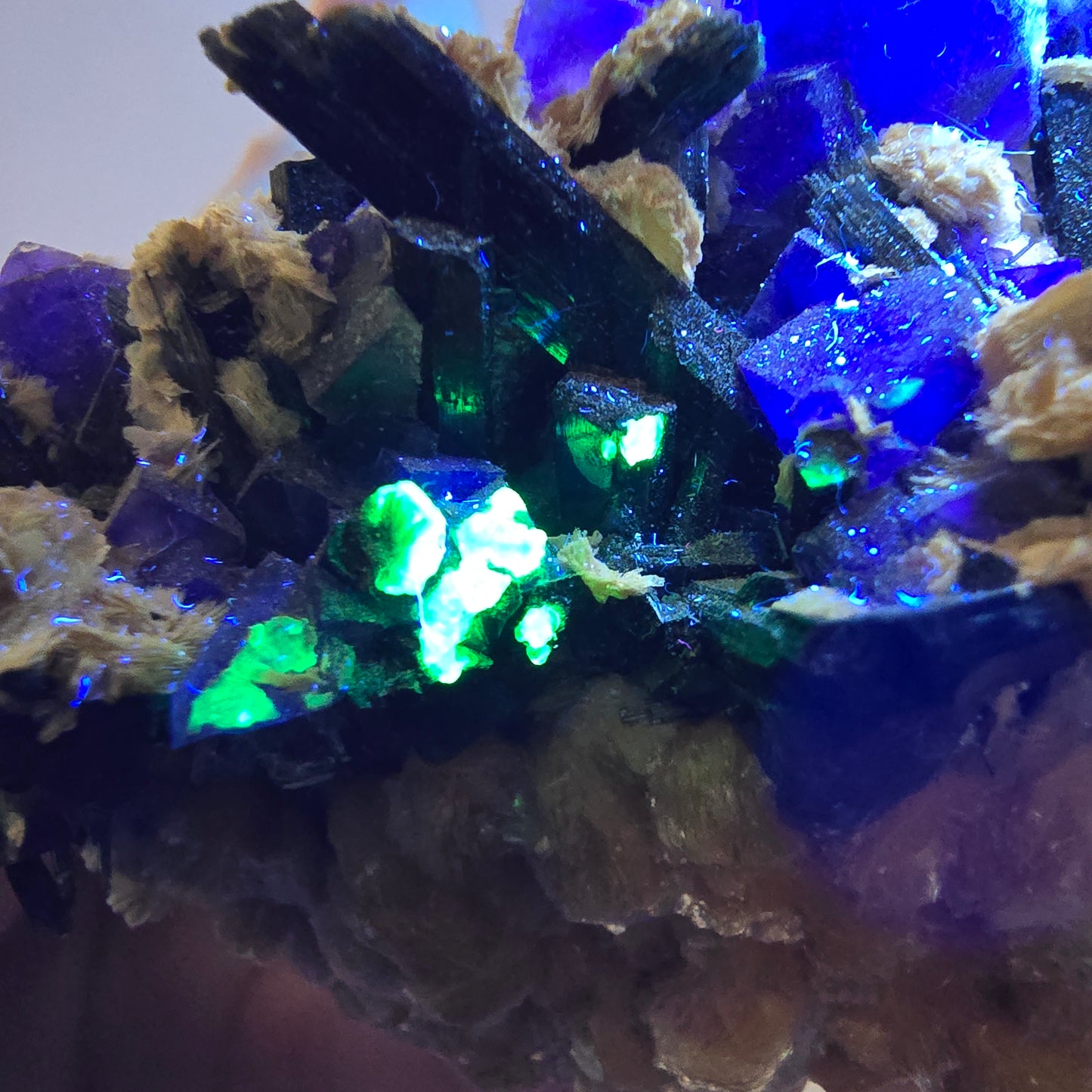 Fluorite fantôme colorée, tourmaline schol, hyalite, muscovite, Erongo, Namibie, 114 x 84 x 50 mm 