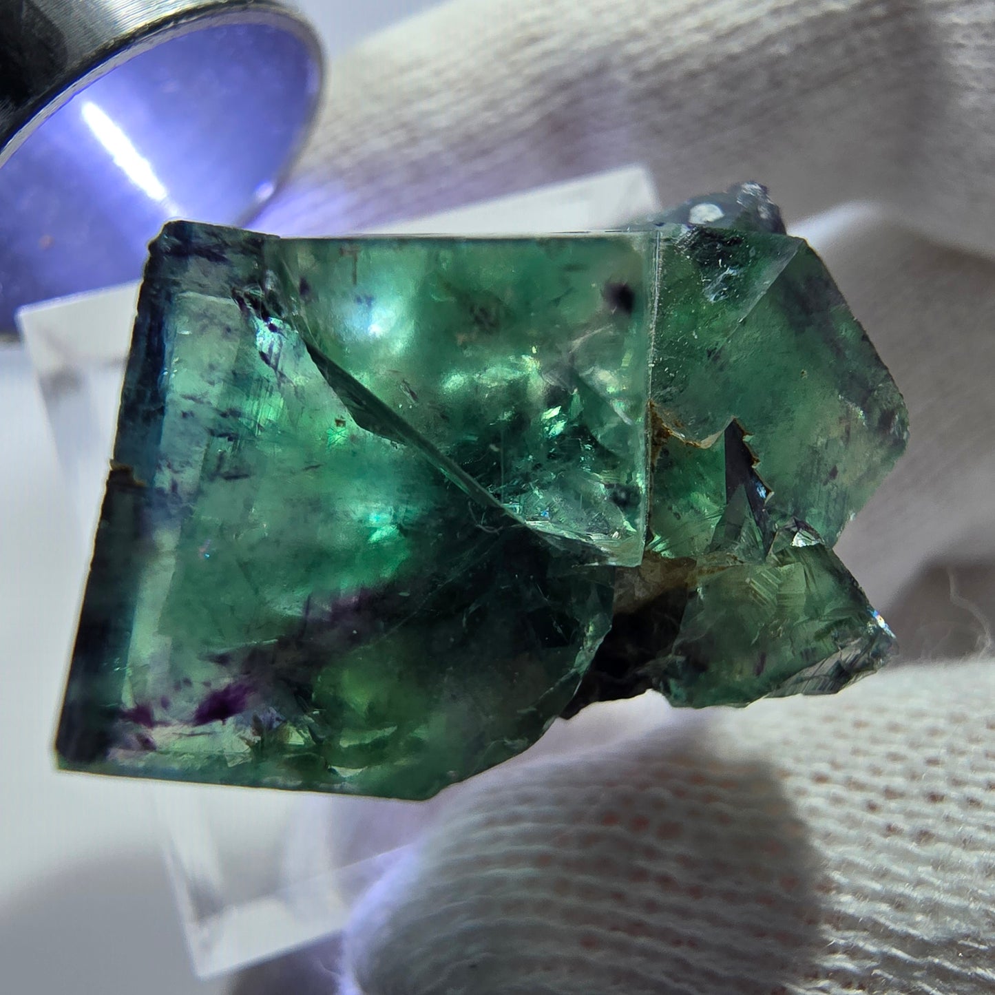 Spécimen zonal de cube de fluorite fantôme, vert violet, Okorusu, Namibie, 32 x 23 x 17 mm 