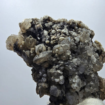 Quartz fumé Harlequin DT, calcite UV, spécimen de chrysocolle, Valentine Pocket, Namibie, 108 x 64 x 44 mm 