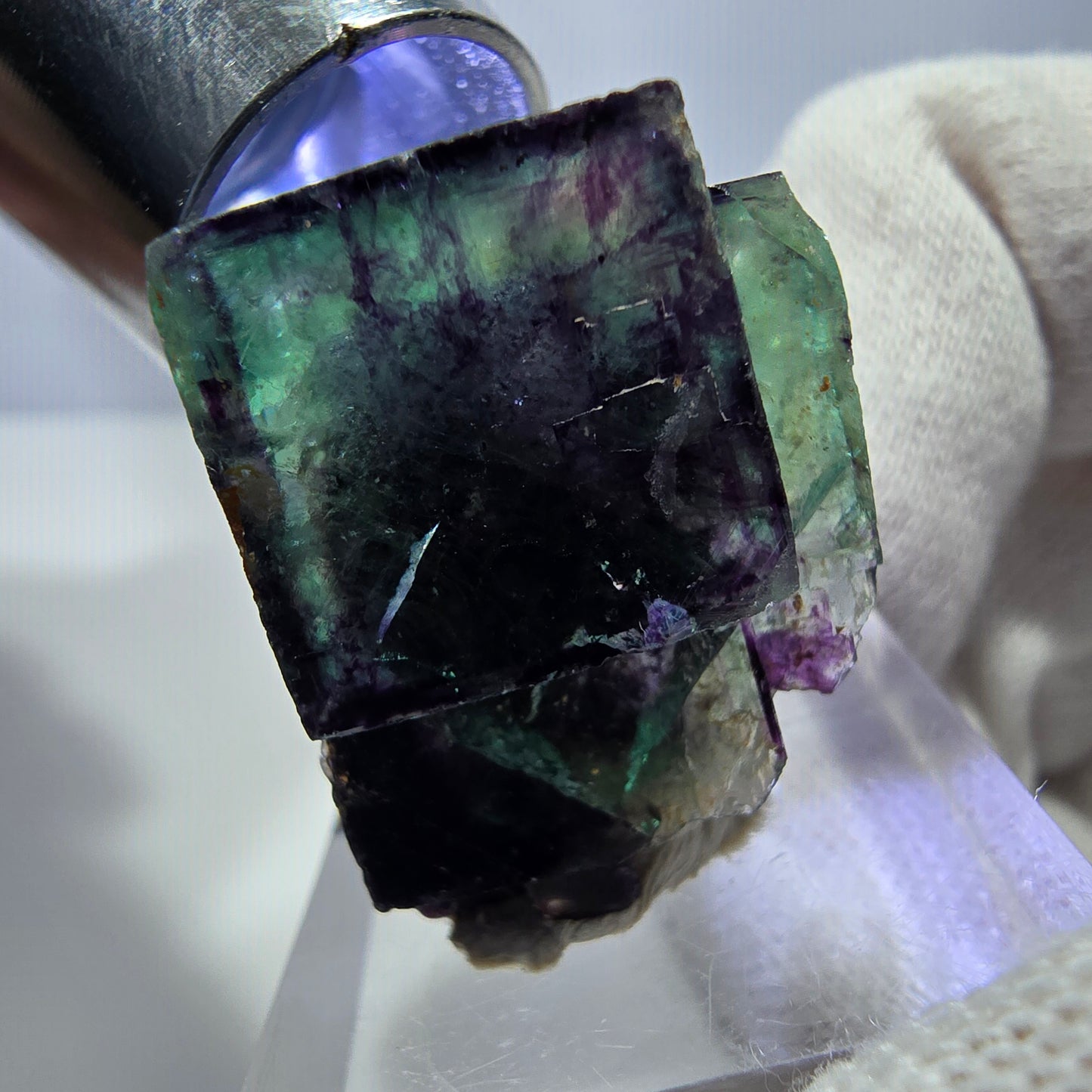 Spécimen zonal de cube de fluorite fantôme, vert violet, Okorusu, Namibie, 30 x 26 x 17 mm 