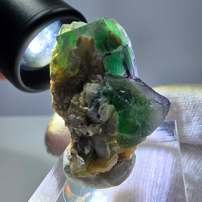Cube de fluorite fantôme zonal, muscovite, spécimen d'hyalite, Erongo, Namibie, 34 x 28 x 22 mm 